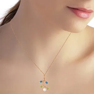 14K Solid Rose Gold Necklace w/ Blue Topaz, Peridots & Pearl