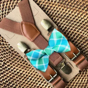 Blue Green Plaid Bow Tie & Cognac Brown Suspenders