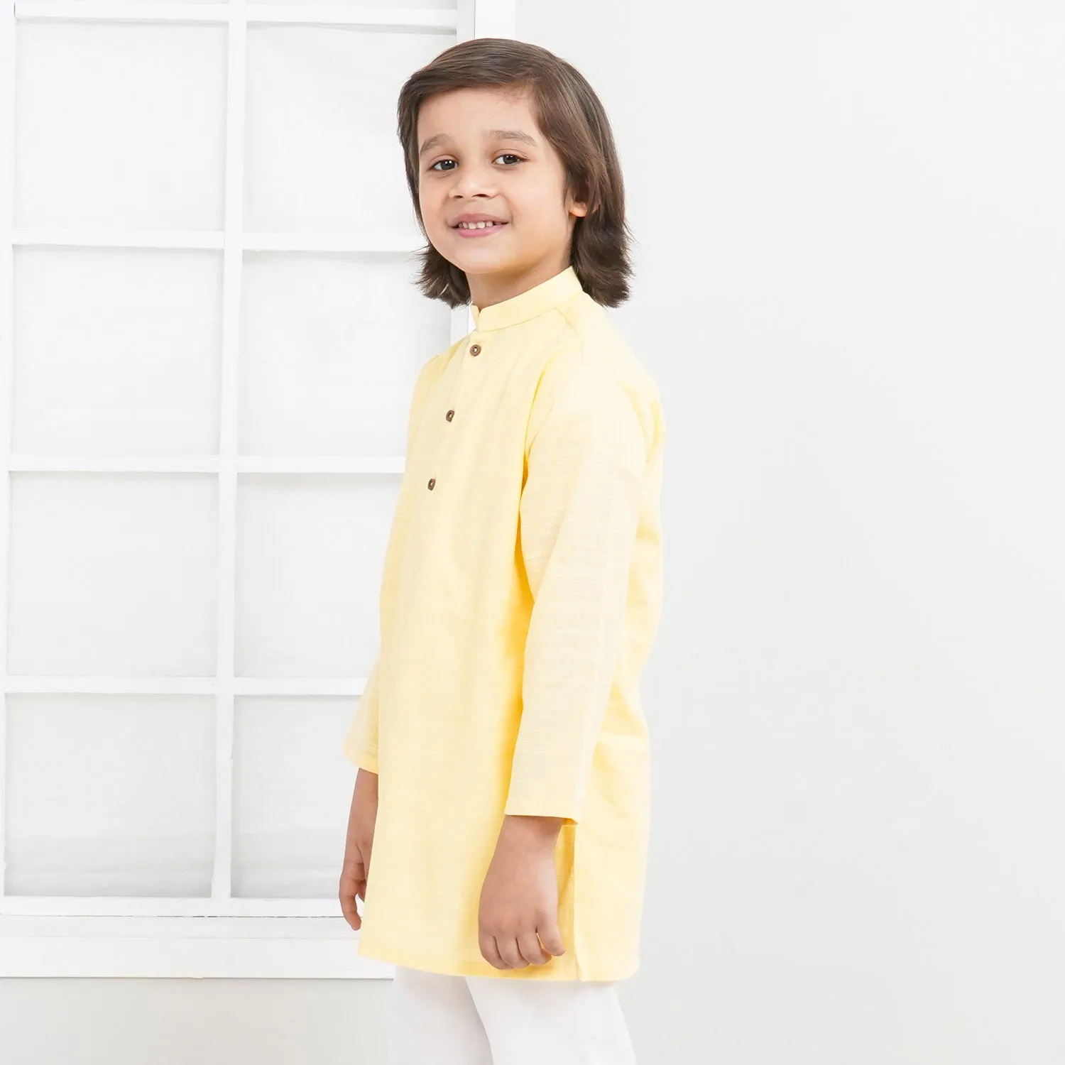 Boys Cotton Basic Kurta - Yellow