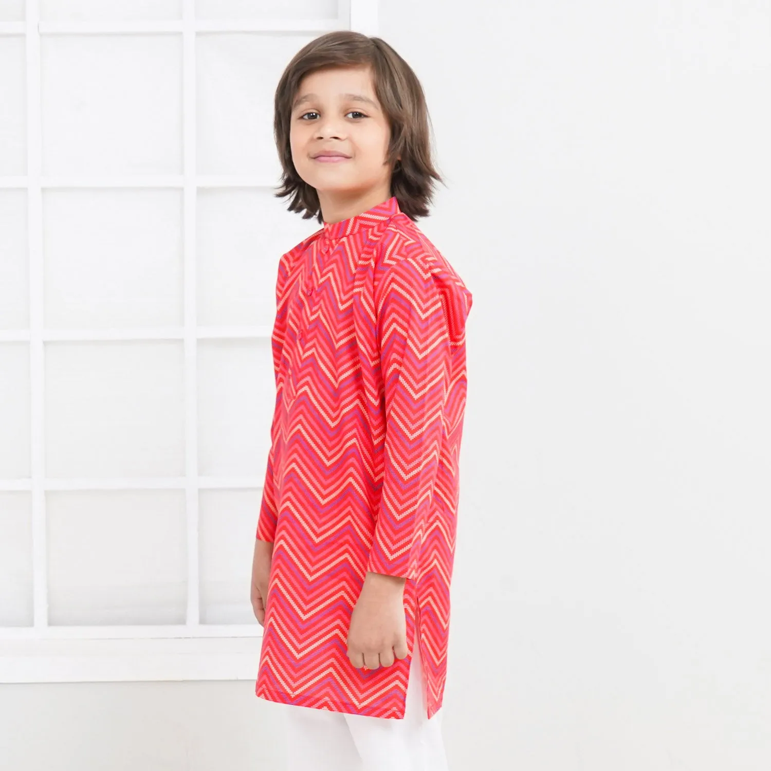 Boys Cotton Kurta Digital Print | Red