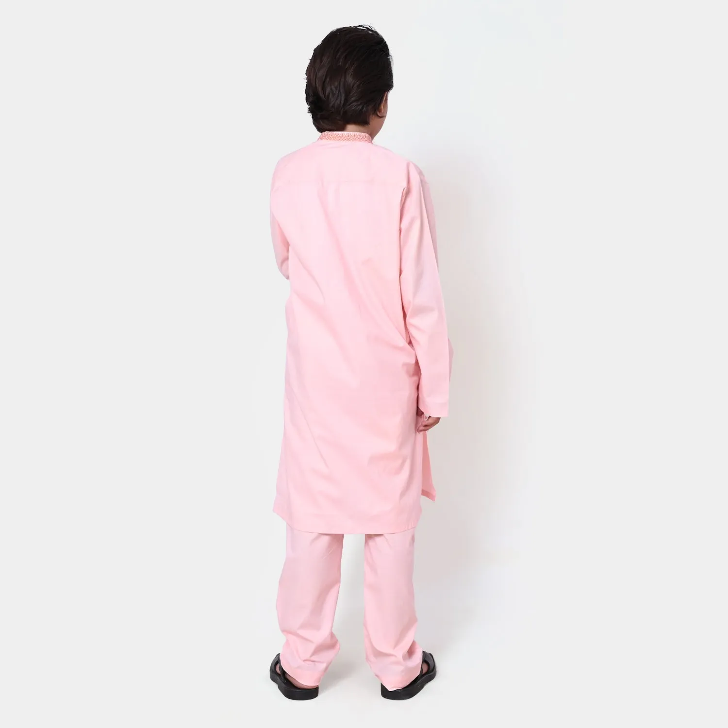 Boys Cotton Poplin Embroidered Kurta Pajama - L Peach