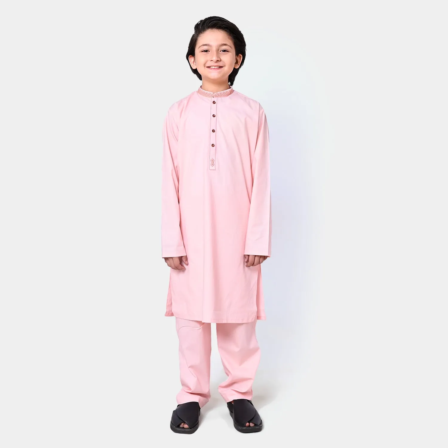 Boys Cotton Poplin Embroidered Kurta Pajama - L Peach