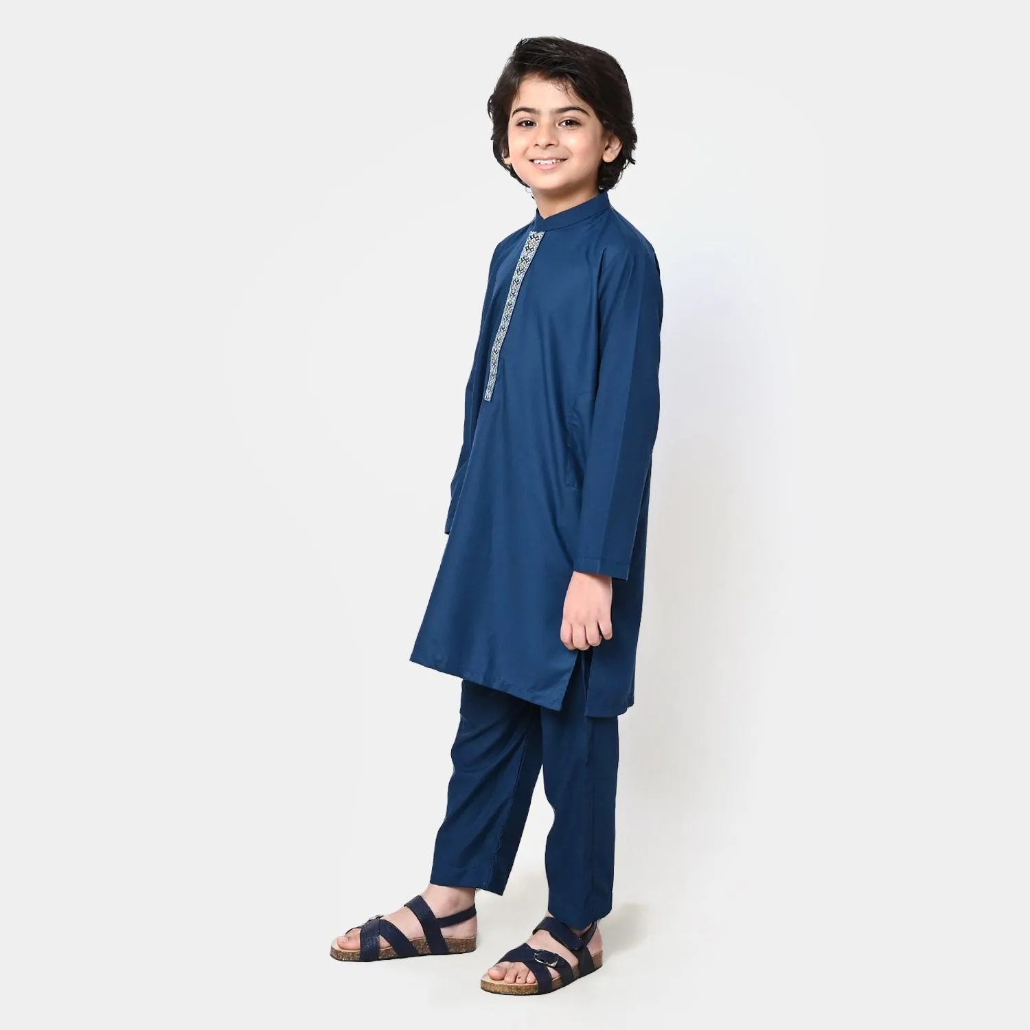 Boys Viscose Embroidered Kurta Pajama - Blue