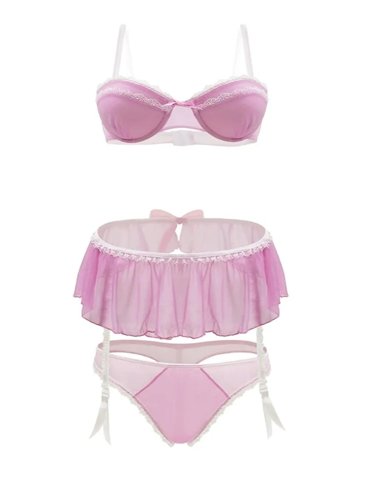 Frilly Pink Sheer Garter & Bra Set