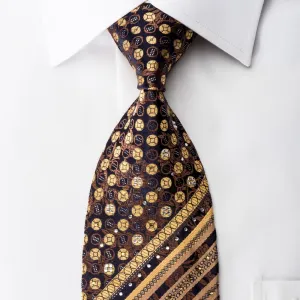 Gold Striped On Brown Floral On Navy Crystal Tie With Silver Sparkles