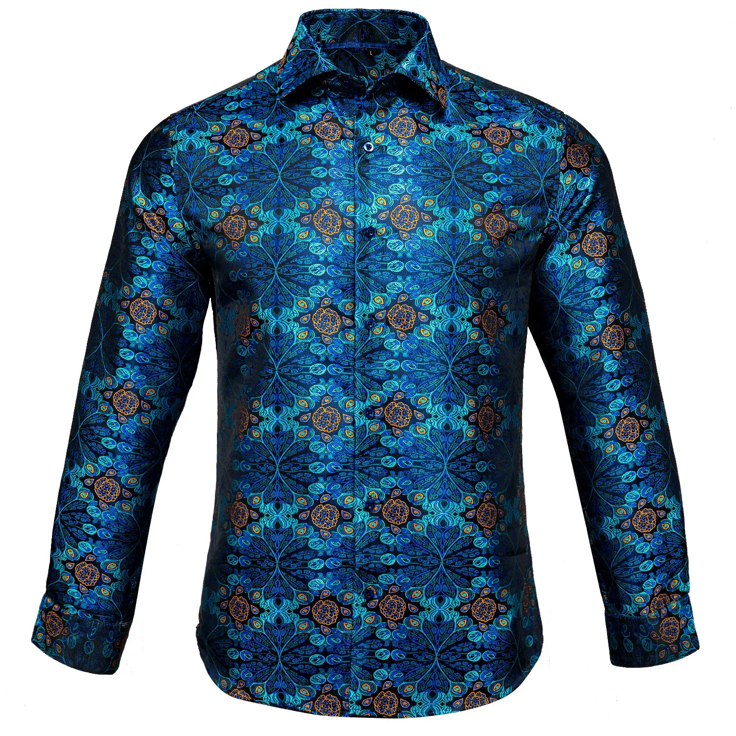 Hi-Tie Blue Dress Shirt Golden Floral Jacquard Button Up Shirt