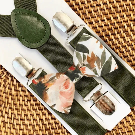 Ivory Terracotta Floral Bow Tie & Olive Elastic Suspenders Set