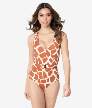 Kingdom & State Brown & White Giraffe Print One Piece Swimsuit