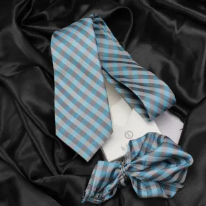 Kovove Elegant Cyan Checkered Necktie and Pocket Square Gift Box