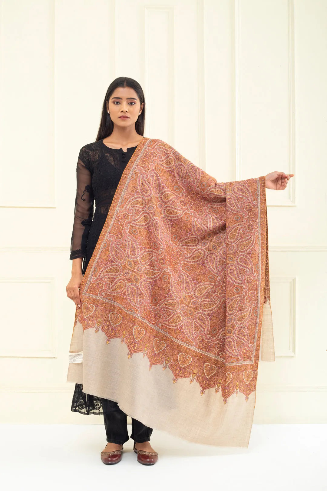 Le Grand Classic Taupe Paisley Jama Embroidery Pashmina Shawl