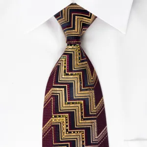 Mila Schon Rhinestone Silk Necktie Yellow Chevron On Burgundy With Red Sparkles