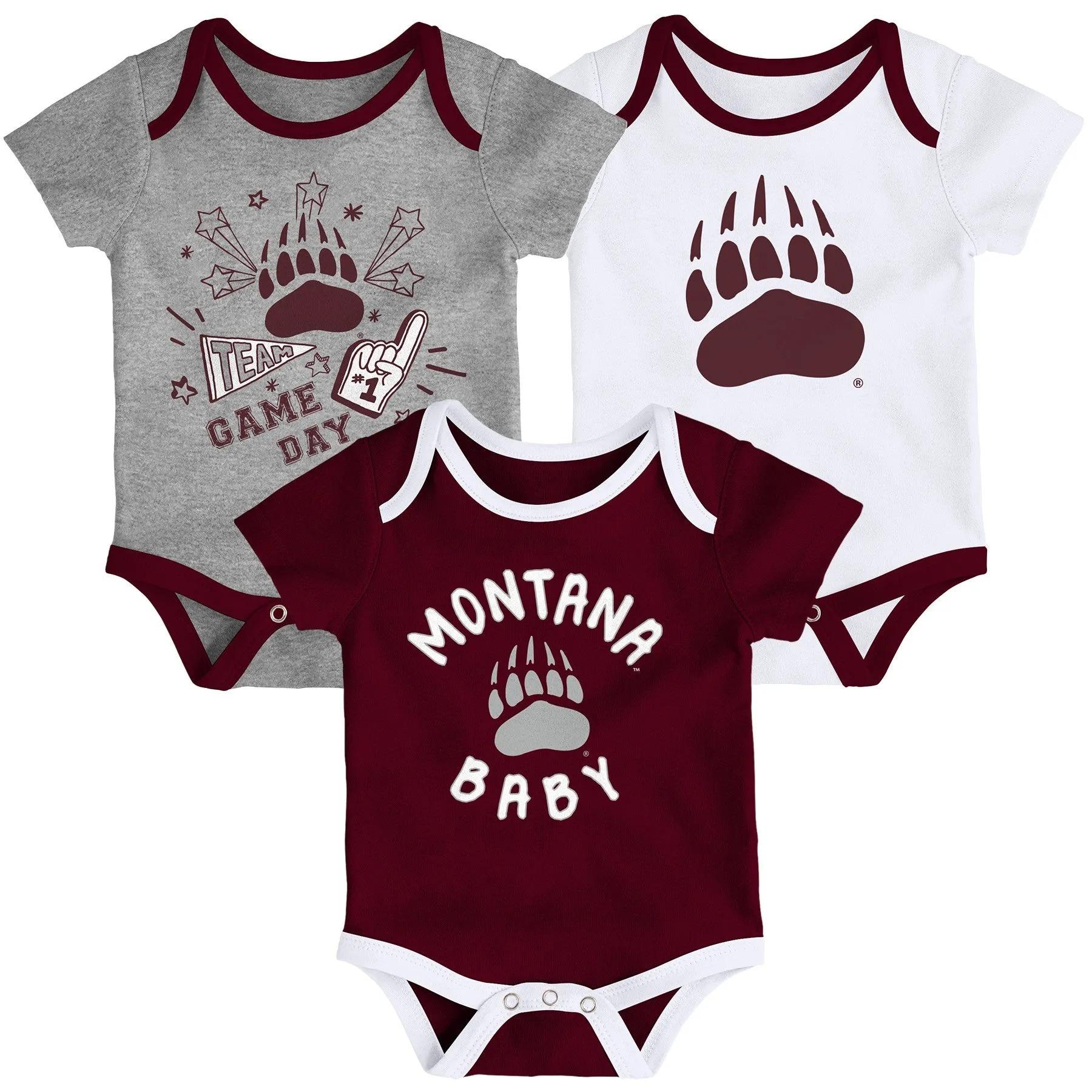 Outerstuff Montana Grizzlies NCAA Infant Champs 3-Piece Creeper Set, Maroon/White/Grey