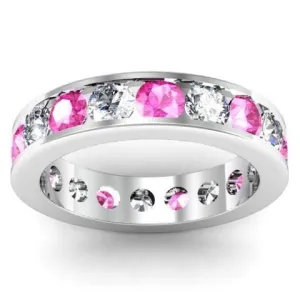 Pink Sapphire and Diamond Round Gemstone Eternity Band in Channel Setting