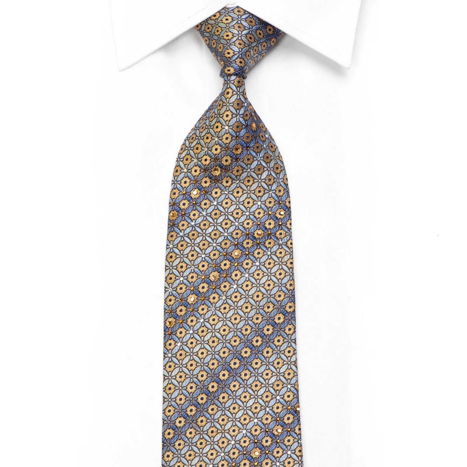 Rhinestone Silk Necktie Yellow Geometric On Blue With Silver Sparkles