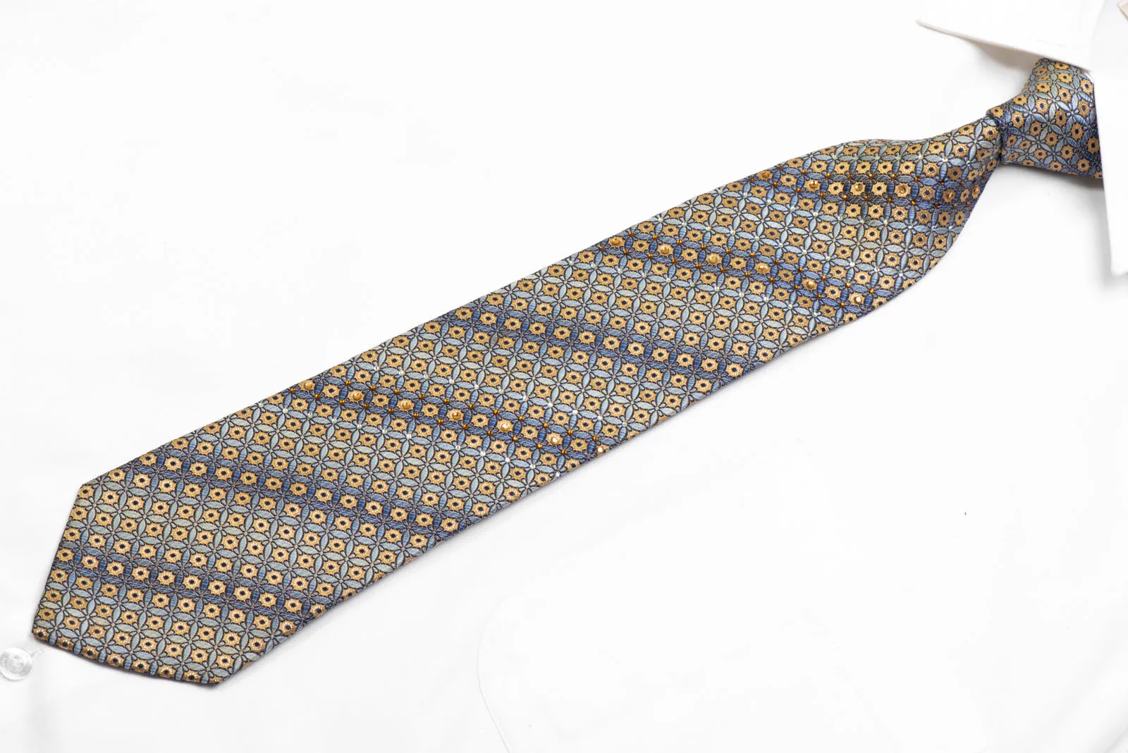 Rhinestone Silk Necktie Yellow Geometric On Blue With Silver Sparkles