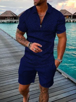 Short Sleeve Geometric Zip Lapel Shirt Set