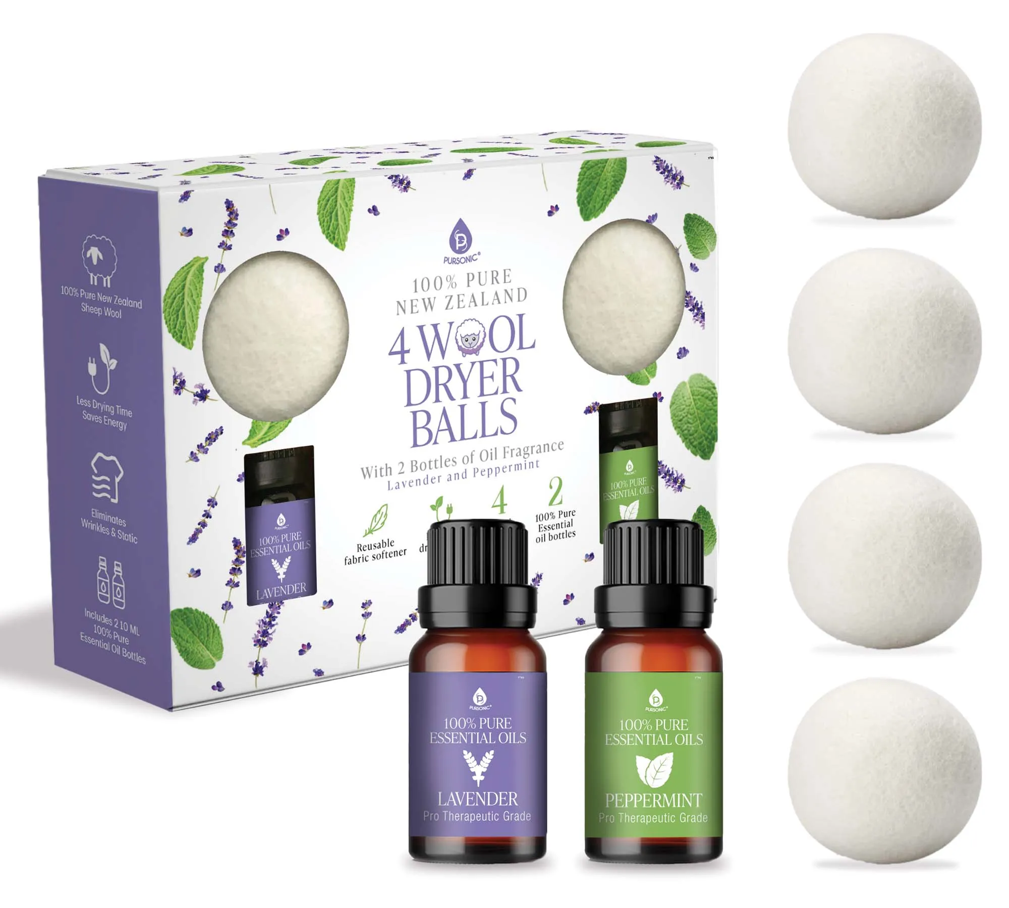 Wool Dryer Balls Bundle - Reusable Laundry Balls Made from Pure New Zealand Wool - Includes Lavender & Peppermint Oils