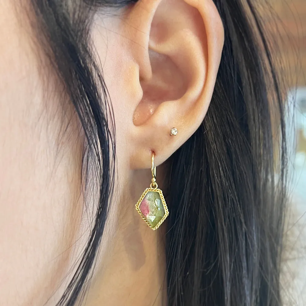 Yellow Gold and Watermelon Tourmaline Earrings - "Watermelon Dreams"